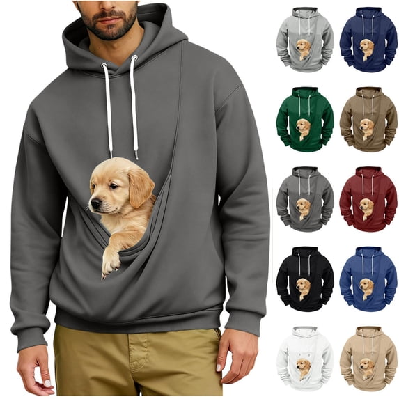 Oksale Men's Cat Dog Pouch Fleece Sweatshirts with Hood Pet Carrier Kangaroo Pouch Hoodies Loose Long Sleeve Winter Shirts Soft Warm Tops Dark Gray L