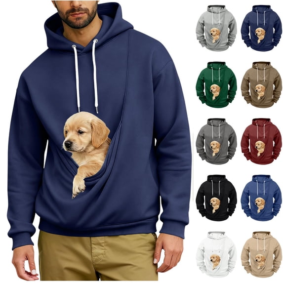 Oksale Men's Cat Dog Pouch Fleece Sweatshirts with Hood Pet Carrier Kangaroo Pouch Hoodies Loose Long Sleeve Winter Shirts Soft Warm Tops Navy 5XL