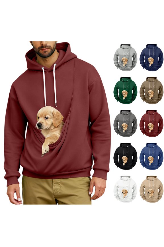 Men's Cat Dog Pouch Fleece Sweatshirts with Hood Pet Carrier Kangaroo Pouch Hoodies Loose Long Sleeve Winter Shirts Soft Warm Tops Wine M