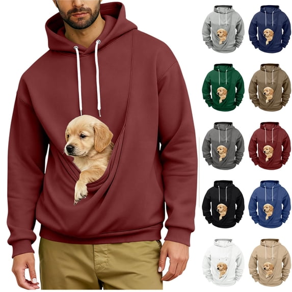 Oksale Men's Cat Dog Pouch Fleece Sweatshirts with Hood Pet Carrier Kangaroo Pouch Hoodies Loose Long Sleeve Winter Shirts Soft Warm Tops Wine S