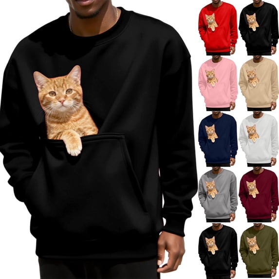 Oksale Men's Cat Pouch Fleece Sweatshirts Pet Carrier Kangaroo Pouch Pullover Cozy Long Sleeve Winter Sweater Soft Warm Unisex Tops Black XL