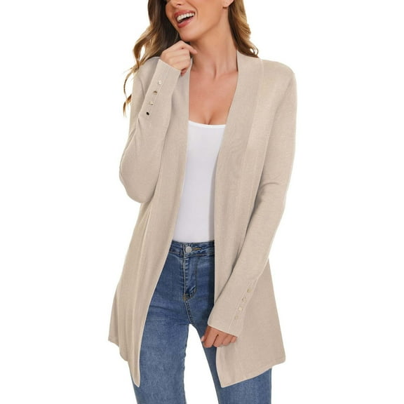 Oksale Mid Length Cardigan for Women with Button Decor Comfy Long Sleeve Cardigans Open Front Sweaters Slouchy Ladies Fashion Outfits Beige M