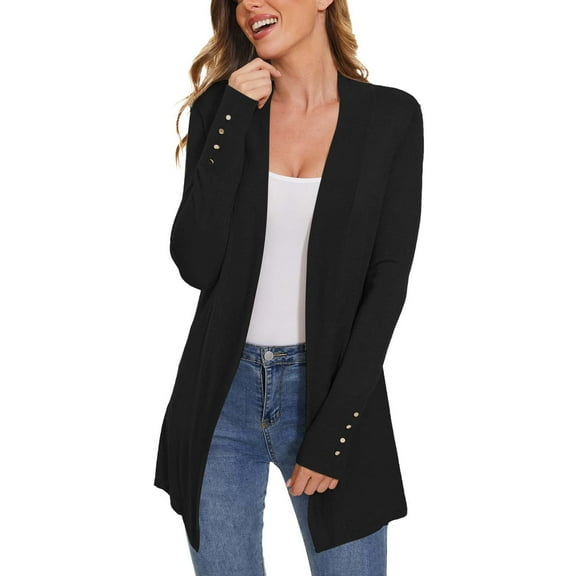 Oksale Mid Length Cardigan for Women with Button Decor Comfy Long Sleeve Cardigans Open Front Sweaters Slouchy Ladies Fashion Outfits Black M