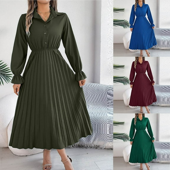 Oksale Mid Length Pleated Dresses for Women Elegant Puffle Long Sleeve Dress Button Up Lapel Dresses Wedding Party Evening Dress 2025 Army Green XL
