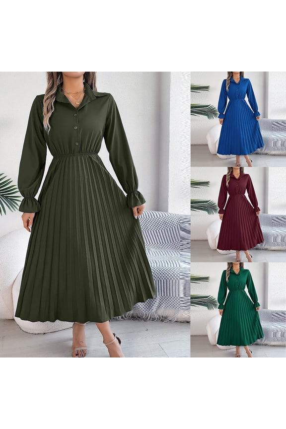 Mid Length Pleated Dresses for Women Elegant Puffle Long Sleeve Dress Button Up Lapel Dresses Wedding Party Evening Dress 2025 Blue L