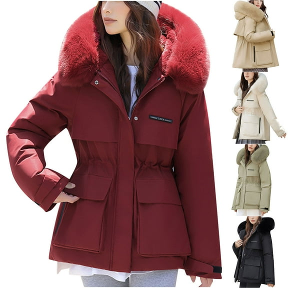 Oksale Mid Length Trench Coat for Women with Fuzzy Hood Cozy Long Sleeve Puffer Jackets Drawstring Quilted Outerwear Warm Winter Overcoats 2025 Red XXL