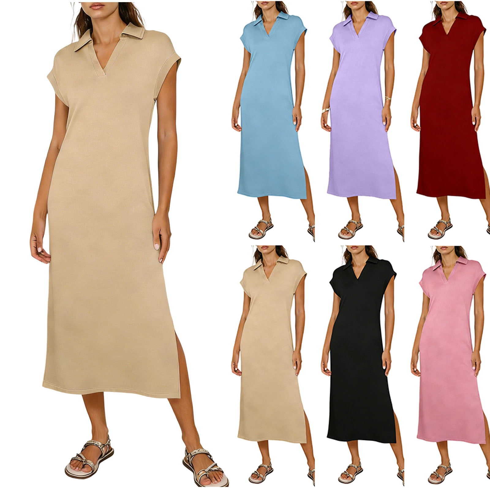 Oksale Midi Dresses for Women Summer 2026 Casual Lapel V Neck Beach Dress Cozy Short Sleeve Vacation Clothes Khaki M