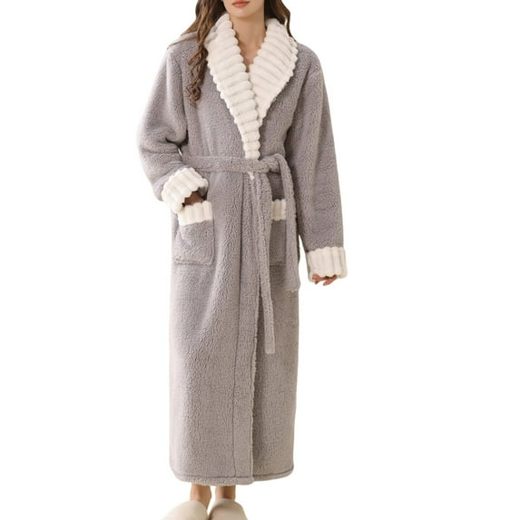 Oksale Midi Flannel Bathrobes for Women with Pockets Ultra Soft Plus Fleece Robes with Belt Cozy Long Sleeve Nightgowns Warm Heavyweight Housecoats Gray L