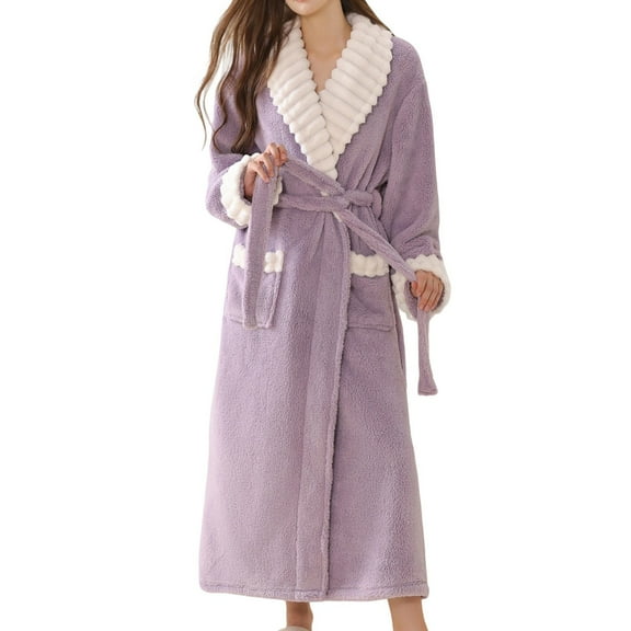 Oksale Midi Flannel Bathrobes for Women with Pockets Ultra Soft Plus Fleece Robes with Belt Cozy Long Sleeve Nightgowns Warm Heavyweight Housecoats Purple M