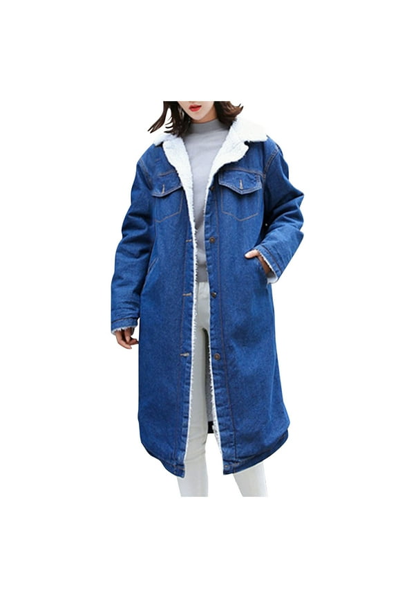 Midi Jean Jacket for Women Trendy Fleece Lined Denim Jacket Button Front Sherpa Jacket with Pockets Warm Winter Vintage Coat Dark Blue L