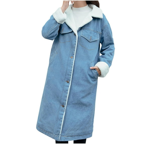 Oksale Midi Jean Jacket for Women Trendy Fleece Lined Denim Jacket Button Front Sherpa Jacket with Pockets Warm Winter Vintage Coat Light Blue M