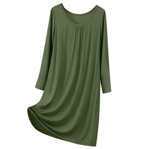 Oksale Midi Pajama Dress for Women Trendy Pleated Front Nightgown Plus Size Long Sleeve Night Gowns Loose Fit Soft Crewneck Sleepwear Army Green XL
