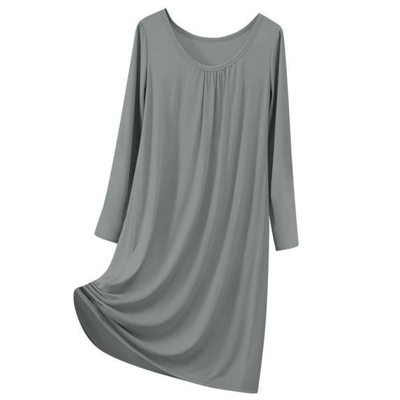 Oksale Midi Pajama Dress for Women Trendy Pleated Front Nightgown Plus Size Long Sleeve Night Gowns Loose Fit Soft Crewneck Sleepwear Gray XXXXL