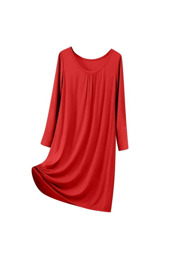 Midi Pajama Dress for Women Trendy Pleated Front Nightgown Plus Size Long Sleeve Night Gowns Loose Fit Soft Crewneck Sleepwear Red XL
