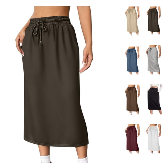 Oksale Midi Skirts for Women Elastic Waist Drawstring Sweat Skirt with Pockets Loose Casual Slit Hem Business Summer Skirt Army Green M