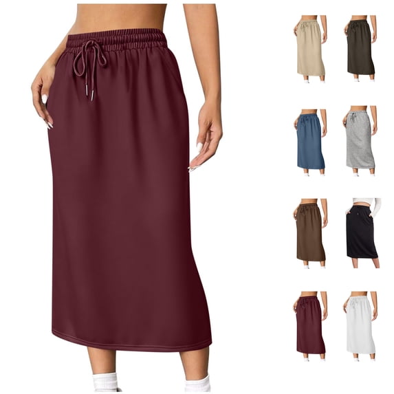 Oksale Midi Skirts for Women Elastic Waist Drawstring Sweat Skirt with Pockets Loose Casual Slit Hem Business Summer Skirt Red L