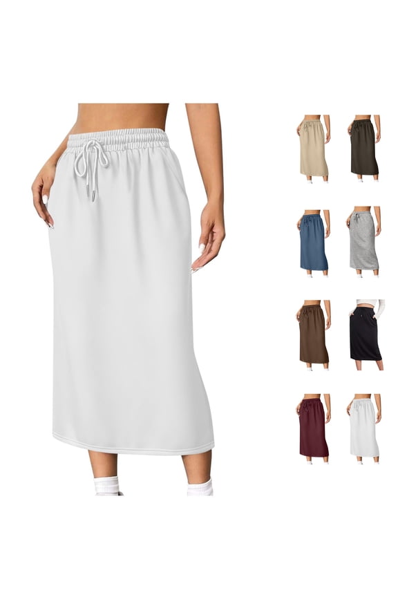 Midi Skirts for Women Elastic Waist Drawstring Sweat Skirt with Pockets Loose Casual Slit Hem Business Summer Skirt White XL