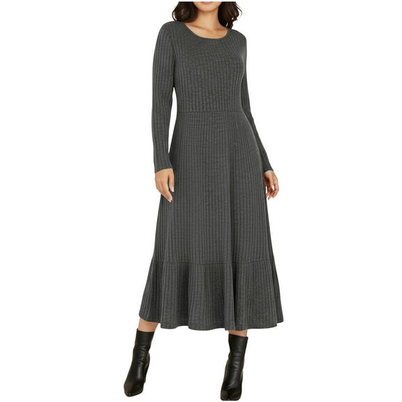 Oksale Midi Sweater Dress for Women Fall A Line Dresses Cozy Long Sleeve Knit Dress Casual Crewneck Business Dresses 2025 Gray L