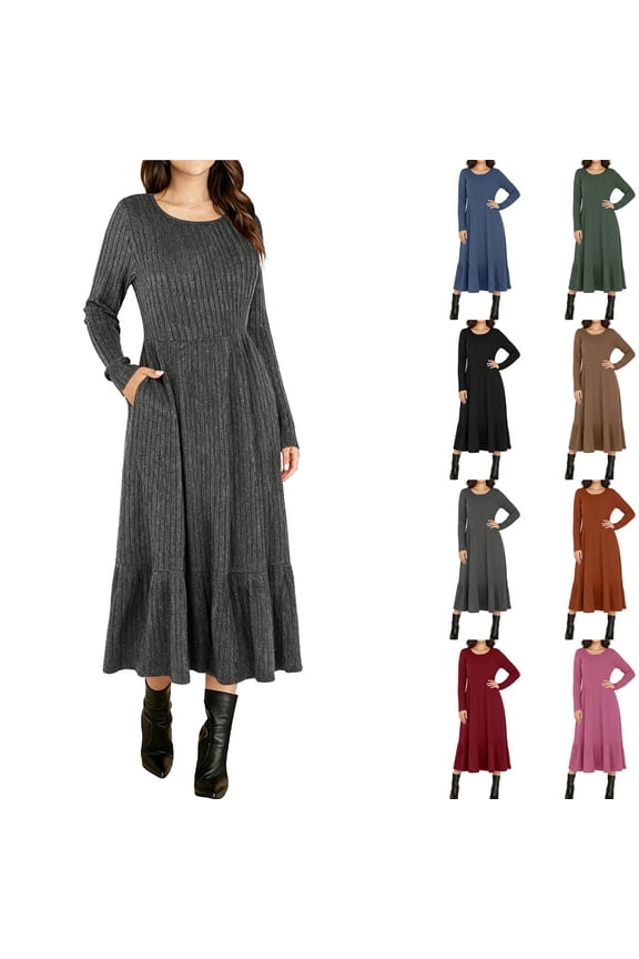 Midi Sweater Dress for Women Fall A Line Dresses Cozy Long Sleeve Knit Dress Casual Crewneck Business Dresses 2025 Gray M