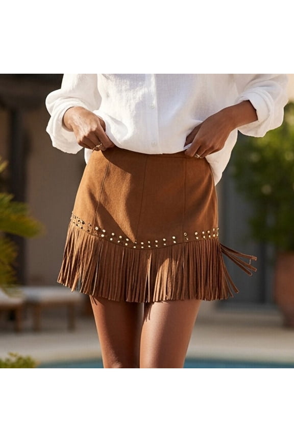 Mini Western Skirts for Women Vintage Fringe Faux Suede Cowgirl Summer Skirt with Rivets High Waisted Skirt Streetwear 2026 Brown M