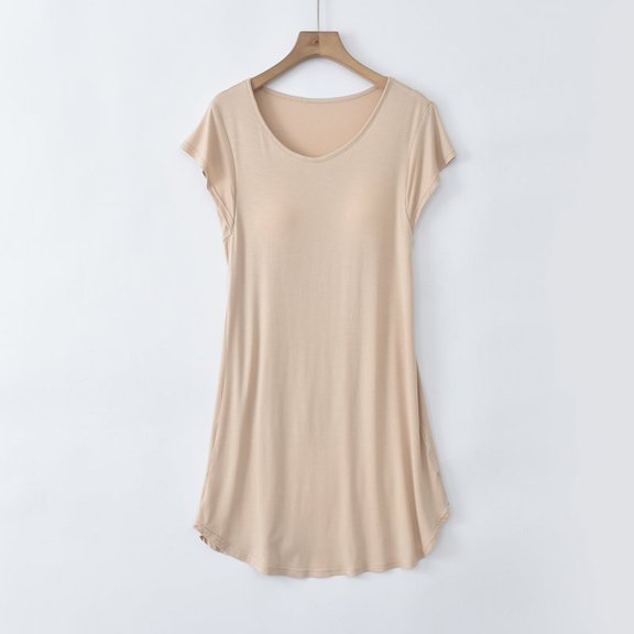 Oksale Modal Mini Pajama Dress for Women Built in Bra Nightdress Casual Crewneck Loungewear Short Sleeve Sleepwear Soft Cozy Nightgown Beige XL