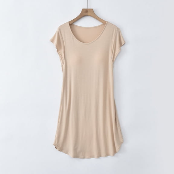Oksale Modal Mini Pajama Dress for Women Built in Bra Nightdress Casual Crewneck Loungewear Short Sleeve Sleepwear Soft Cozy Nightgown Beige XXL