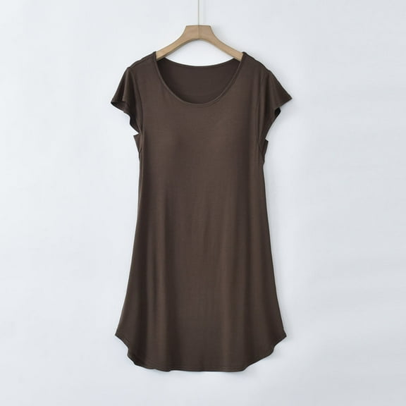 Oksale Modal Mini Pajama Dress for Women Built in Bra Nightdress Casual Crewneck Loungewear Short Sleeve Sleepwear Soft Cozy Nightgown Coffee XXL