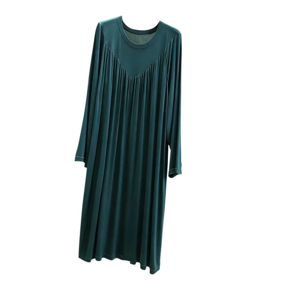 Oksale Modal Nightgown for Women Soft Trendy Pleated Front Midi Pajamas Dress Loose Long Sleeve Loungewear Casual Crew Neck Solid Color Sleepwear 2026 Army Green L