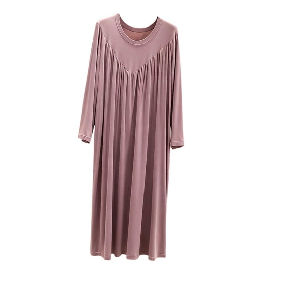 Oksale Modal Nightgown for Women Soft Trendy Pleated Front Midi Pajamas Dress Loose Long Sleeve Loungewear Casual Crew Neck Solid Color Sleepwear 2026 Purple L