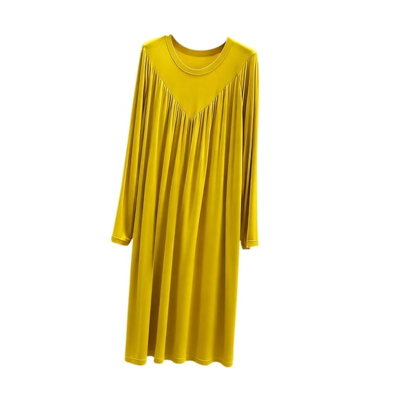 Oksale Modal Nightgown for Women Soft Trendy Pleated Front Midi Pajamas Dress Loose Long Sleeve Loungewear Casual Crew Neck Solid Color Sleepwear 2026 Yellow L