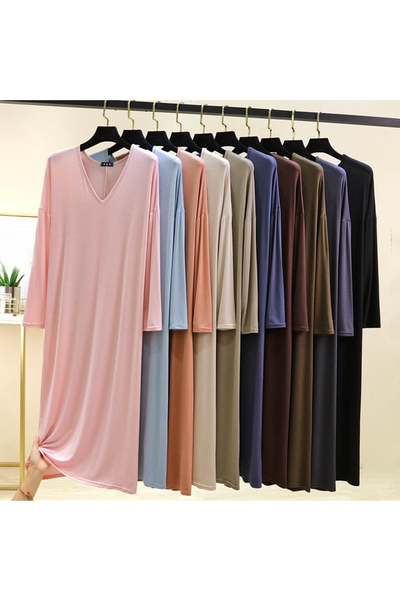 Modal Nightgowns for Women Plus Size Soft Comfy Breathable Long Sleeve Sleepwear Casual V Neck Loungewear Loose Midi Loungewear for Home Pink L