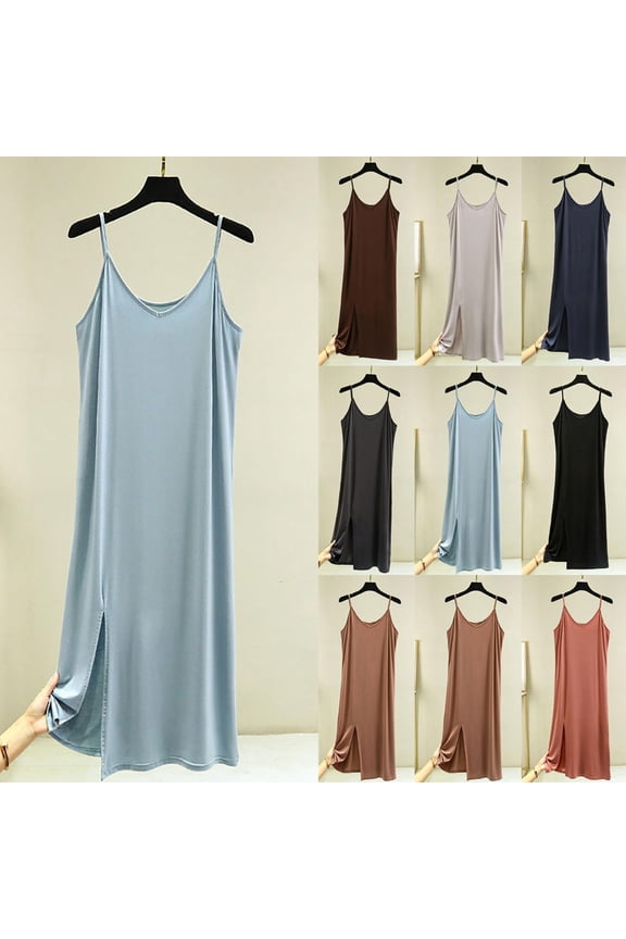 Modal Slip Dress for Women Soft Breathable Side Split Midi Nightgowns Spaghetti Straps Loose Cozy Lightweight Sleepwear Light Blue L