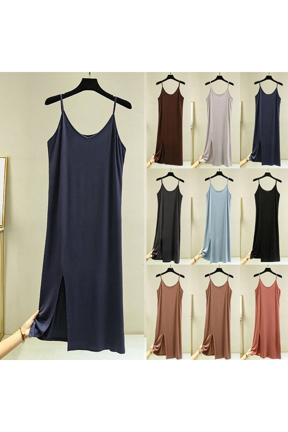 Modal Slip Dress for Women Soft Breathable Side Split Midi Nightgowns Spaghetti Straps Loose Cozy Lightweight Sleepwear Navy M