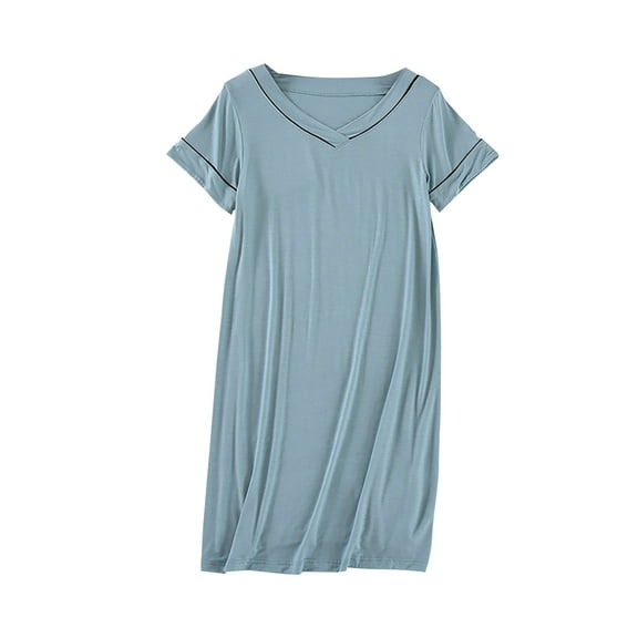 Oksale Nightgown for Women 2025 Casual V Neck Night Gown Soft Mid Length Sleep Shirt Short Sleeve Pajama Dress Lightweight Comfortable Loungewear Light Blue L