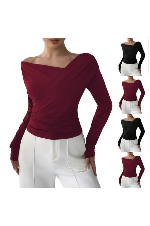 Off the Shoulder Tops for Women Sexy Long Sleeve Shirts Wrap Neck Cozy Fall Going Out Tops Fashion Clothing 2025 Black L