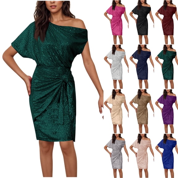 Oksale One Shoulder Dresses for Women Sparkly Sequin Wedding Guest Dress with Belted Elegant Formal Short Sleeve Midi Dresses Blue XXL
