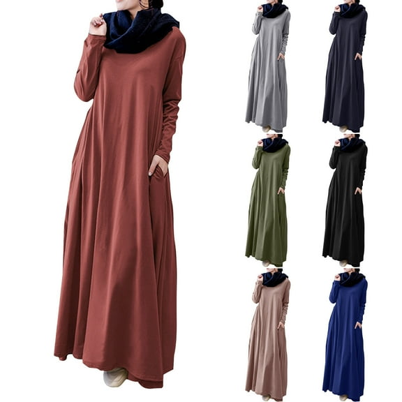 Oksale Oversized Dresses for Women with Pockets Loose Fit Full Length Dress Cozy Long Sleeve Fall Dresses Casual Crewneck Basic Dress Gray XL