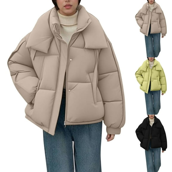 Oksale Oversized Quilted Jackets for Women Trendy Mock Neck Padded Coats with Pockets Casual Zip Up Winter Outerwear Long Sleeve Cardigan 2025 Khaki L