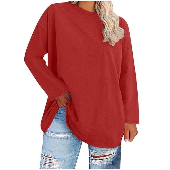 Oksale Oversized T Shirts for Women Plus Size Loose Fit Long Sleeve Basic Tees Lightweight Casual Round Neck Fall Clothes Red 3XL