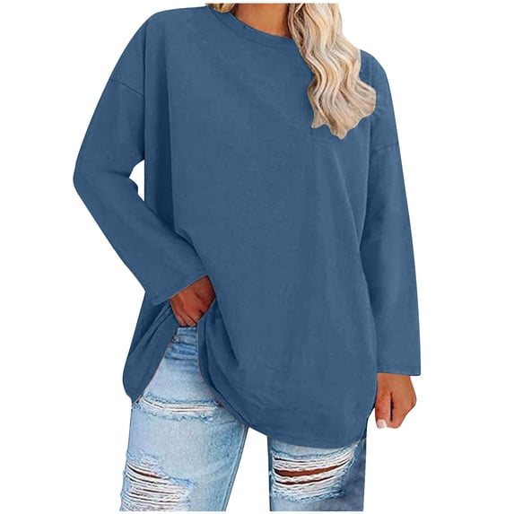 Oksale Oversized T Shirts for Women Plus Size Loose Fit Long Sleeve Basic Tees Lightweight Casual Round Neck Fall Clothes Sky Blue 2XL