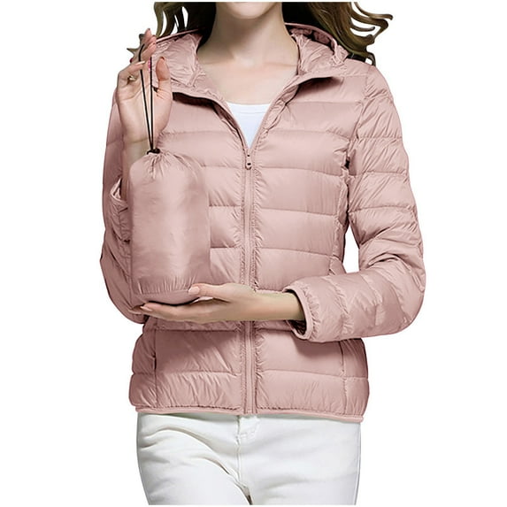 Oksale Packable Puffer Jacket for Women Plus Size Lightweight Full Zip Down Jackets Comfy Solid Color Hooded Winter Coats with Pockets for Going Out Pink S