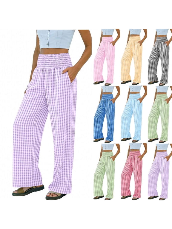 Palazzo Pants for Women Elastic Smocked High Waisted Plaid Pants with Pockets Light Weight Comfy Full Length Wide Leg Trousers Orange L