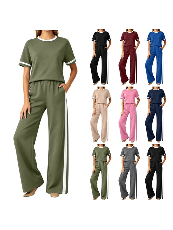Pants Sets Women 2 Piece Outfits Petite Cozy Loose Short Sleeve Tops Stretch High Waisted Straight Leg Pants with Pockets Khaki L