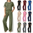thumbnail image 1 of Oksale Pants Sets Women 2 Piece Outfits Petite Cozy Loose Short Sleeve Tops Stretch High Waisted Straight Leg Pants with Pockets Khaki M, 1 of 7