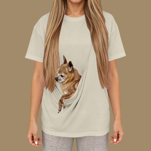 Oksale Pet Pouch Sweatshirts for Women Cozy Short Sleeve Sweatshirt Pullover with Pet Carrier Kangaroo Pocket Tee Shirts 2026 Khaki L