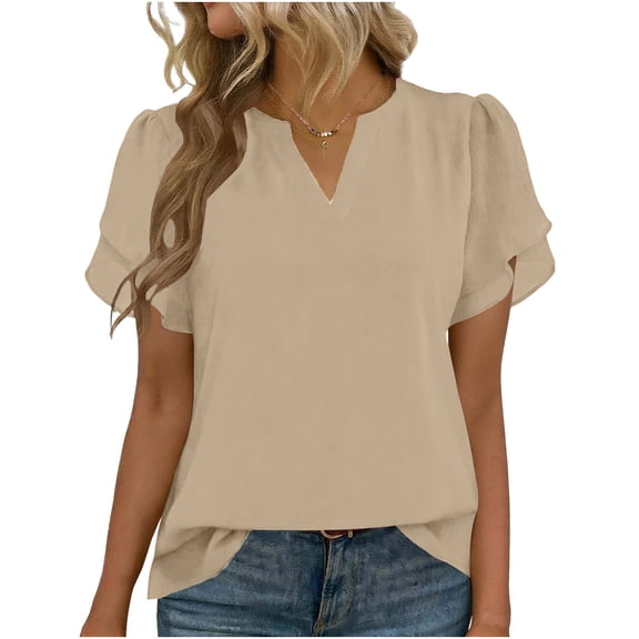 Oksale Petal Short Sleeve Tops for Women Trendy V Neck T Shirts Loose Cozy Cotton Linen Blouses Elegant Business Fashion Clothing Khaki L