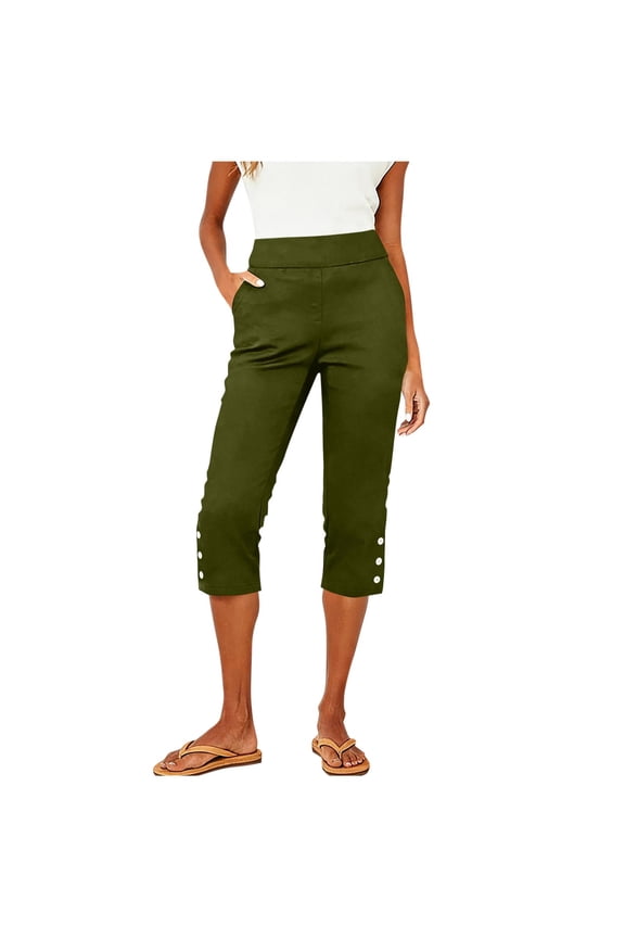 Petite Capri Pants for Women with Pockets Casual Straight Leg Capris Stretchy High Waisted Cropped Trousers 2026 Army Green S