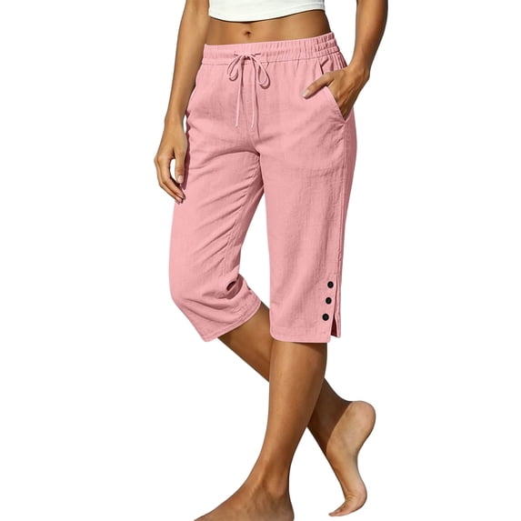 Oksale Petite Capris for Women Petite Length Side Slit Summer Capri Pants with Pockets Elastic Waisted Casual Pants Pink S