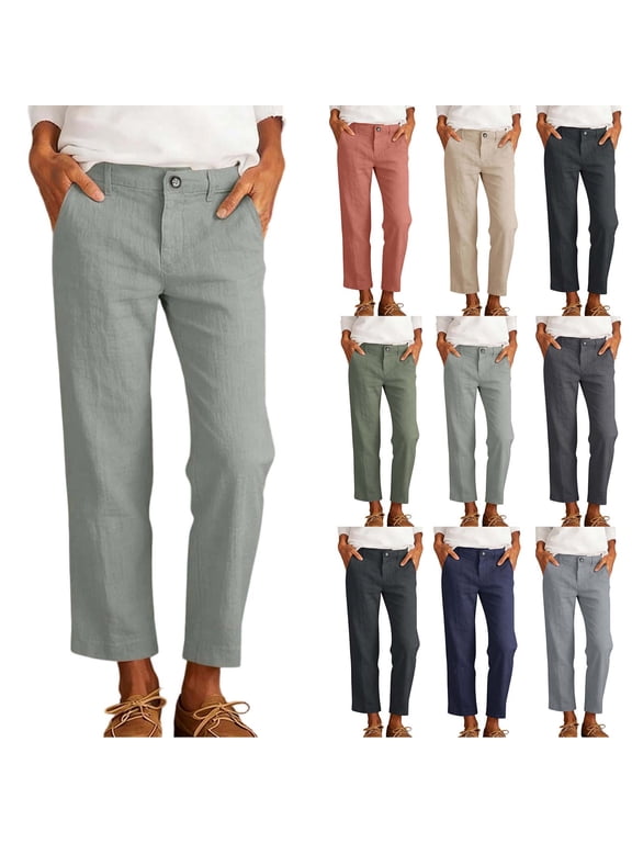 Petite Pants for Women with Pockets Elastic Waisted Button Linen Pants Comfy Casual Straight Leg Pants 2026 Army Green M