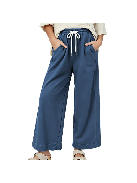 Petite Sweatpants for Women Wide Leg Loose Comfy Pants with Pockets and Drawstring Waisted Elastic Trousers Navy M